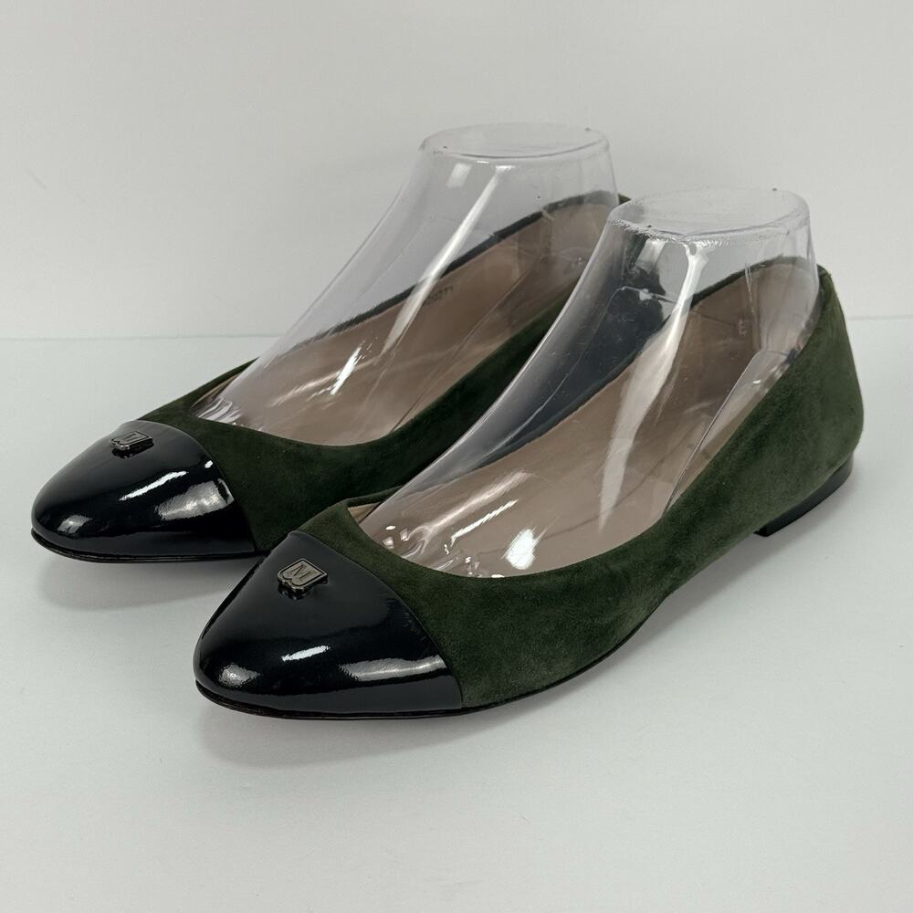 Bruno Magli Olive Green Suede Ballet Flats US 8 EU 38.5 Black Patent Shoes Italy